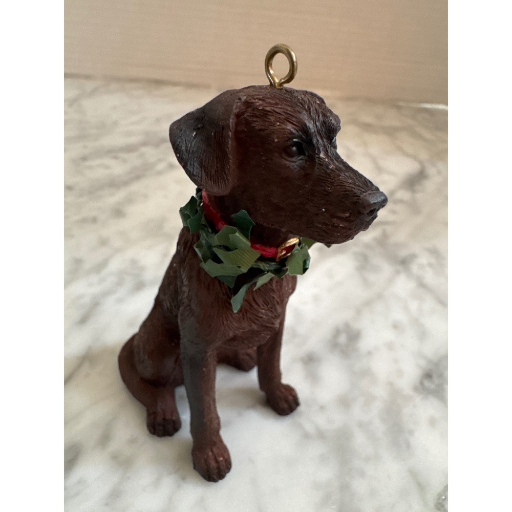 Chocolate Labrador Retriever Dog Christmas Ornament Holly Wreath Collar Resin 3"